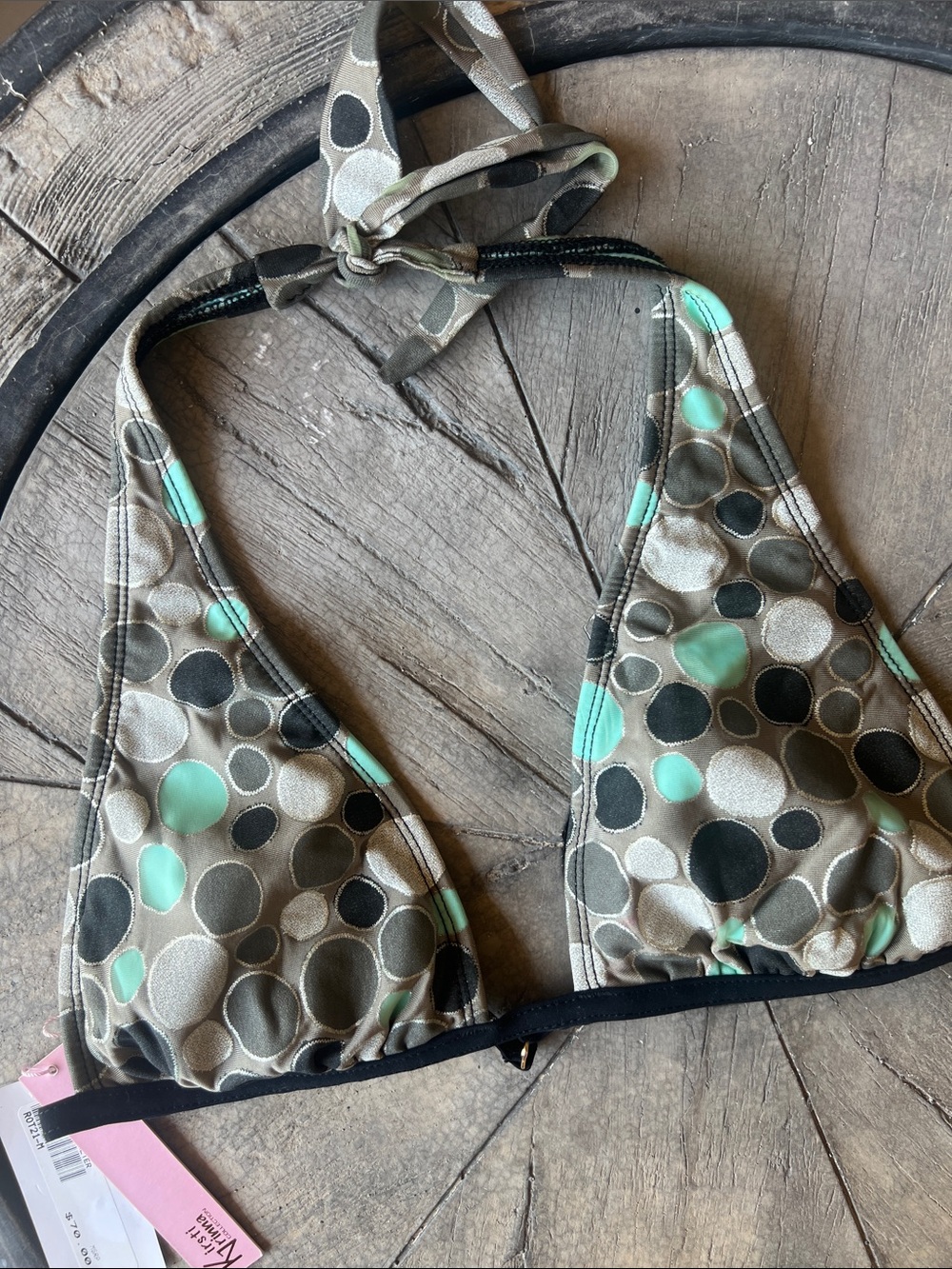 Polka Dot Halter Bikini Top in Mint and Taupe Medium B3